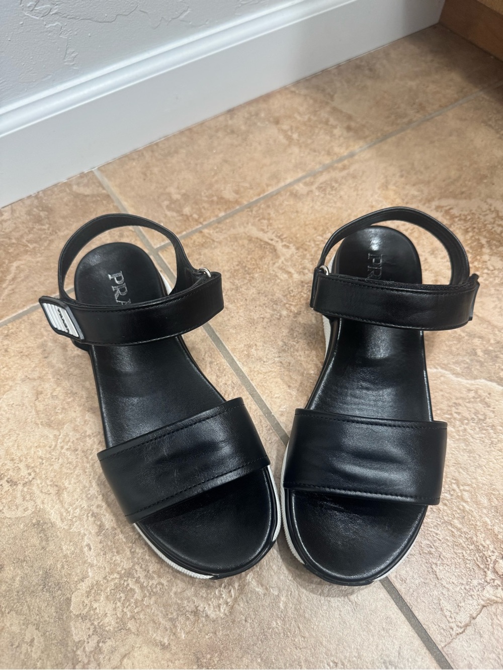 Prada Black Leather Velcro Strap Sandals